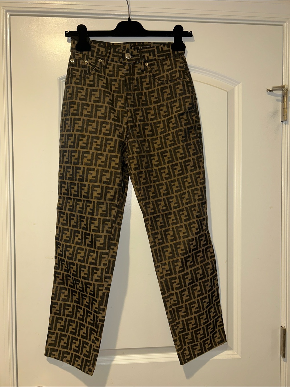 Fendi FF-Logo Straight Leg Jeans in Brown and Black